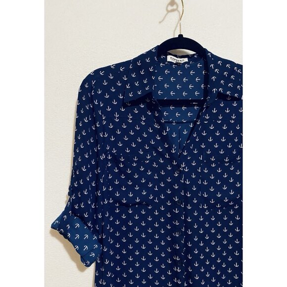 Express Top Womens Medium Navy Blue Anchor Print Portofino Nautical Flowy Boho - Picture 5 of 8